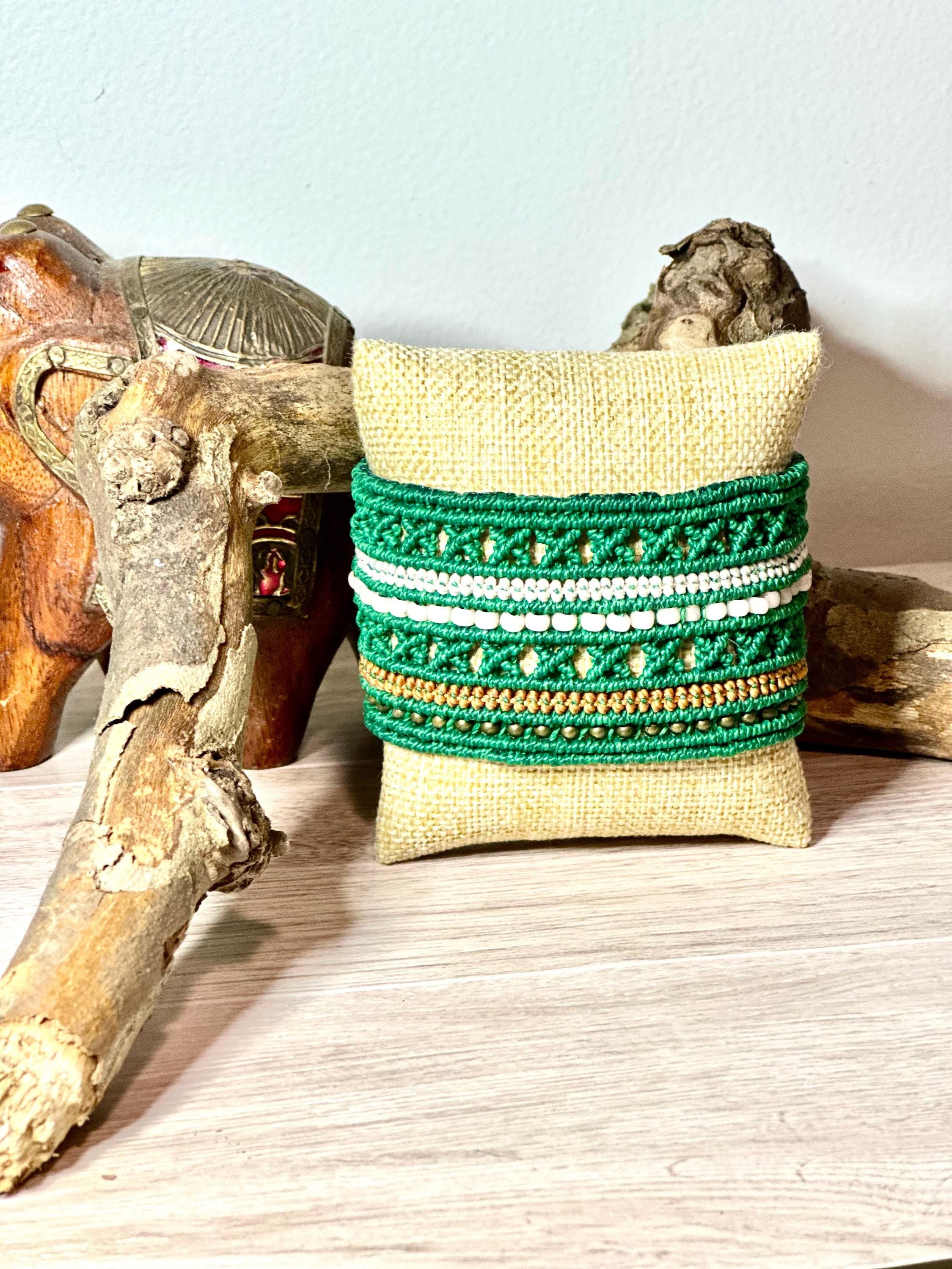 Bohemian cuff, green and white chic women bracelet, wide macrame with beads.