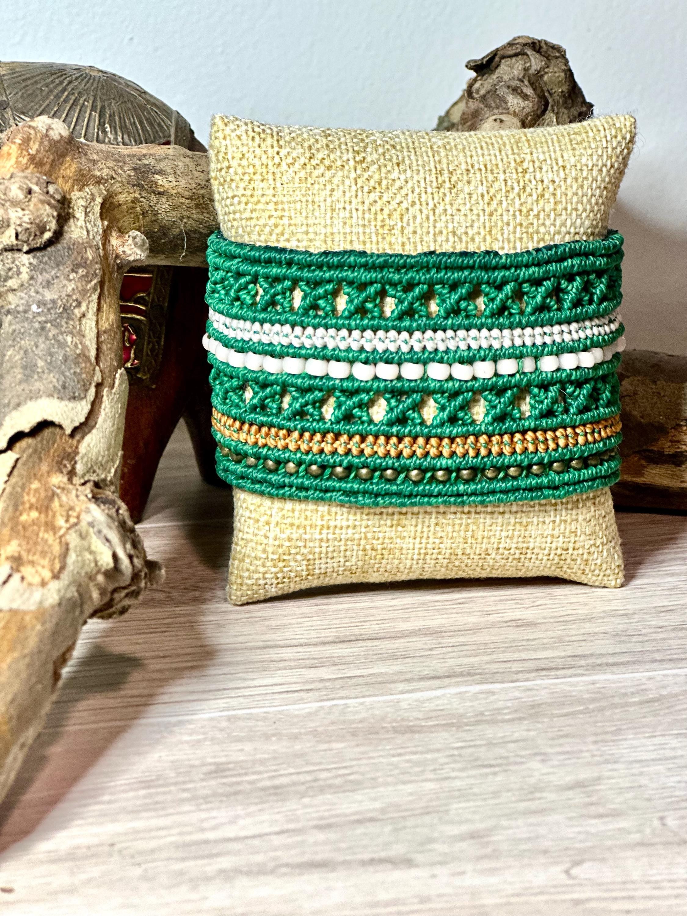 Bohemian cuff, green and white chic women bracelet, wide macrame with beads.