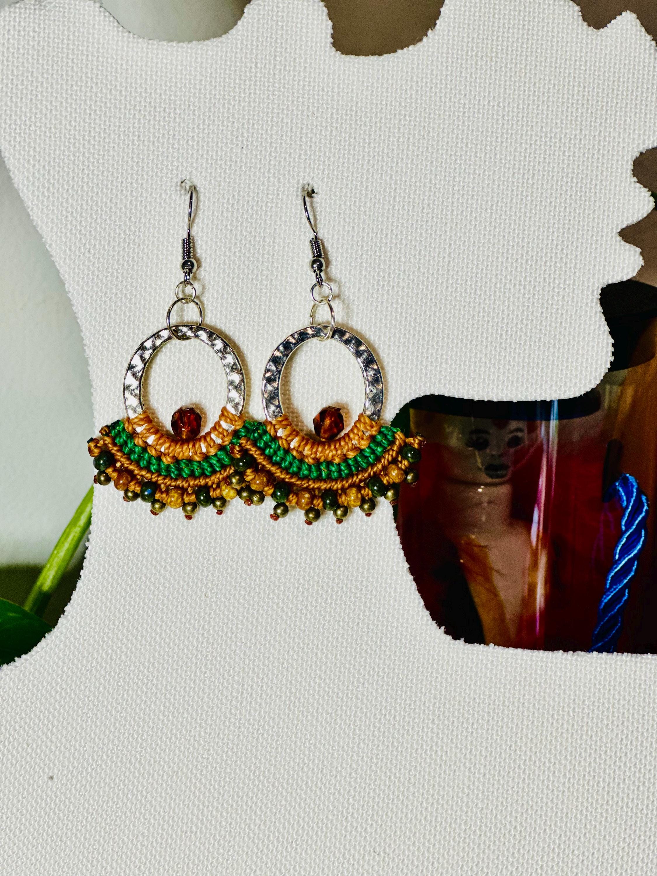 Macrame earrings with toho beads and platted rings