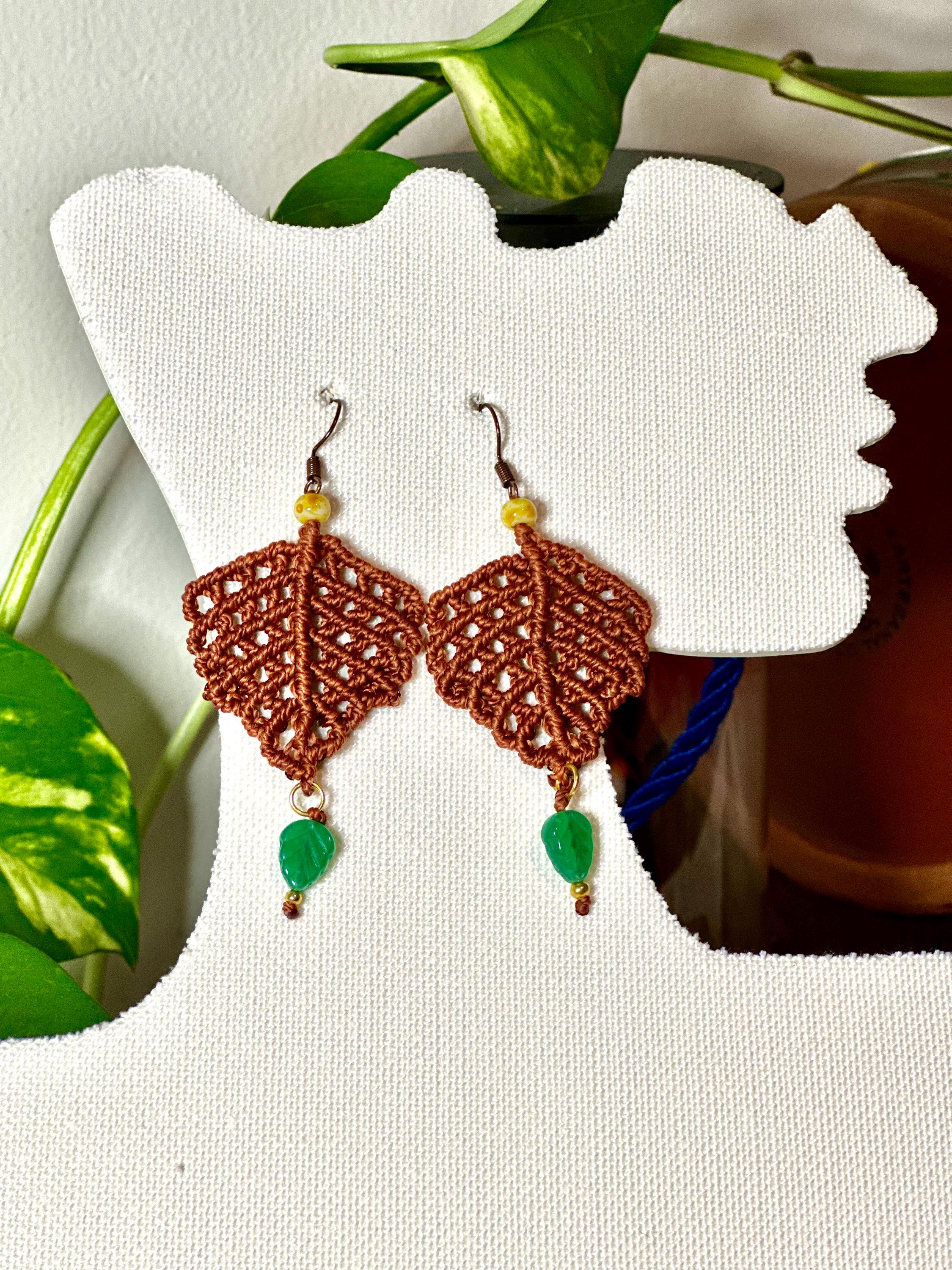 Macrame earrings, handmade earrings, leaves earrings.
