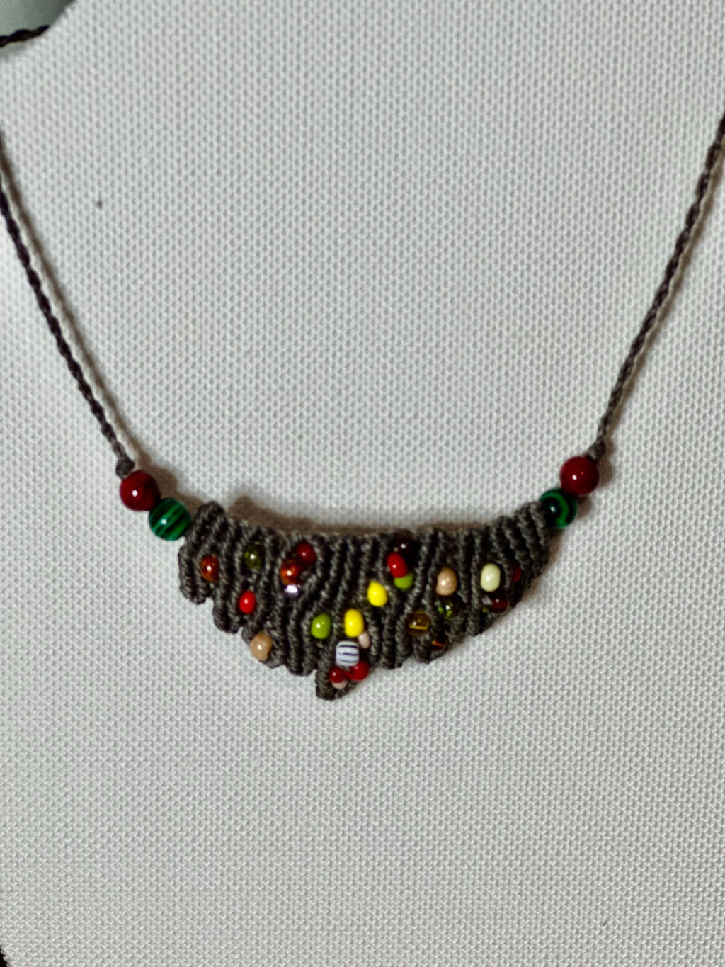 Handmade macrame beaded necklace, dark brown with boho seeds