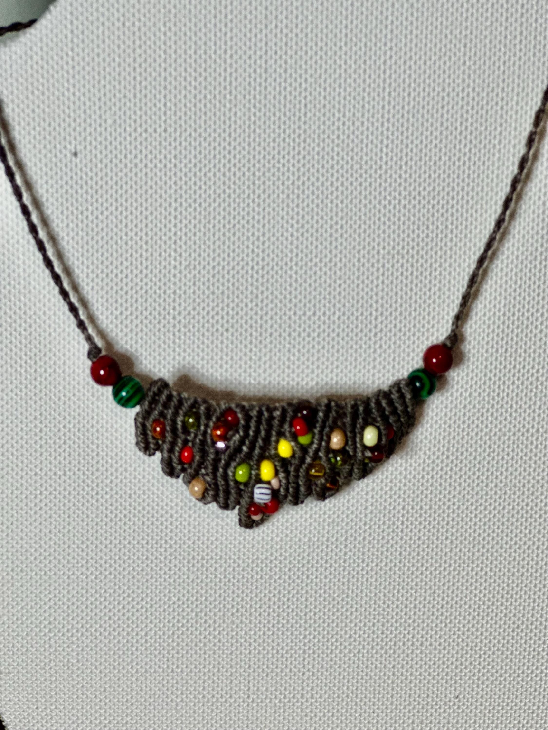 Handmade macrame beaded necklace, dark brown with boho seeds