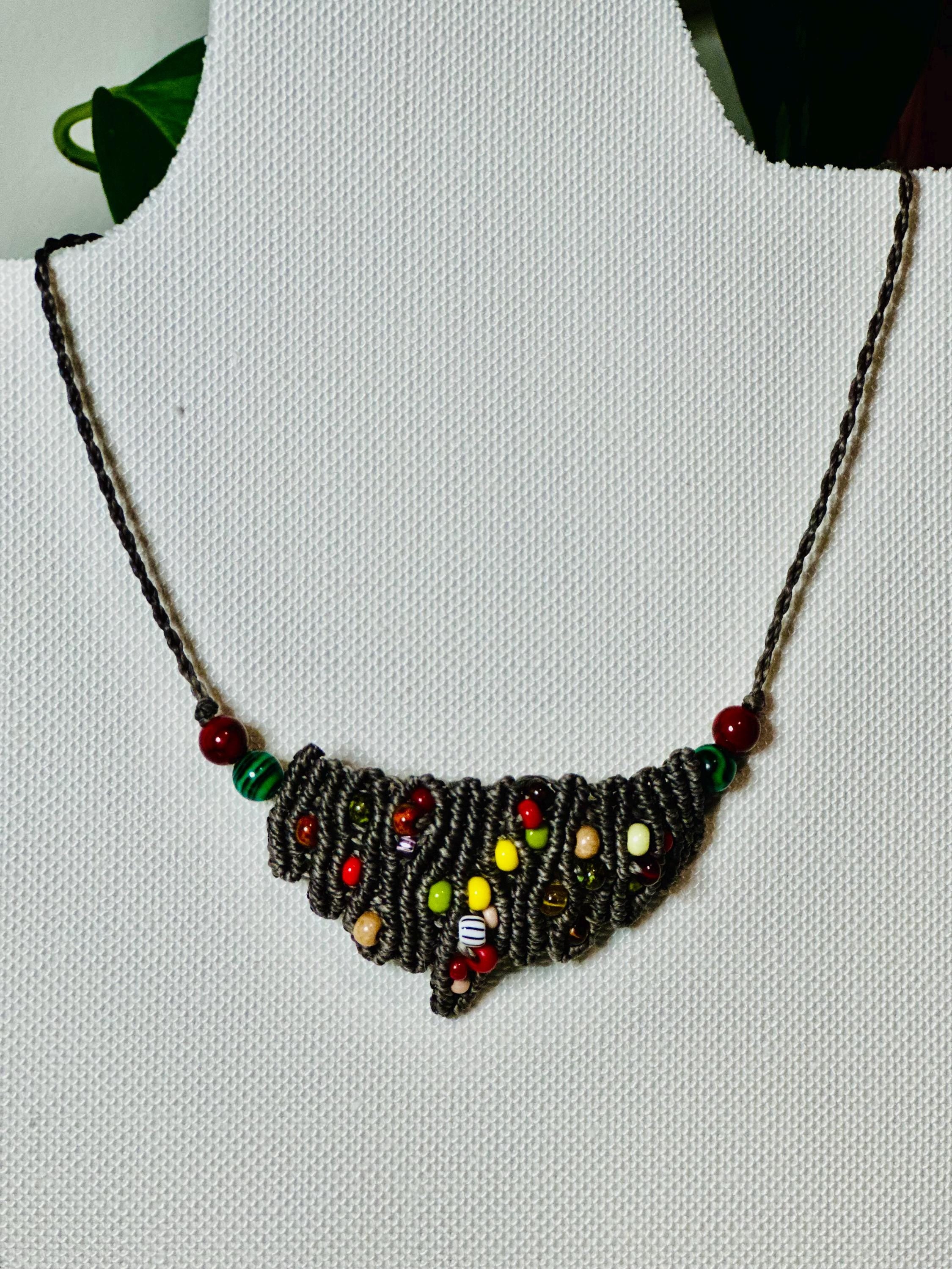 Handmade macrame beaded necklace, dark brown with boho seeds