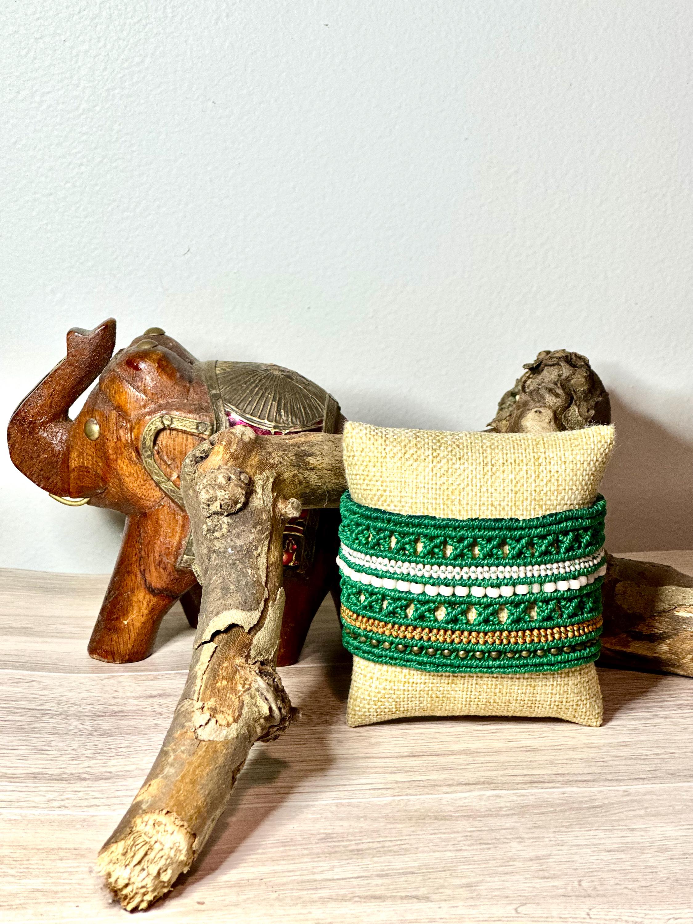 Bohemian cuff, green and white chic women bracelet, wide macrame with beads.