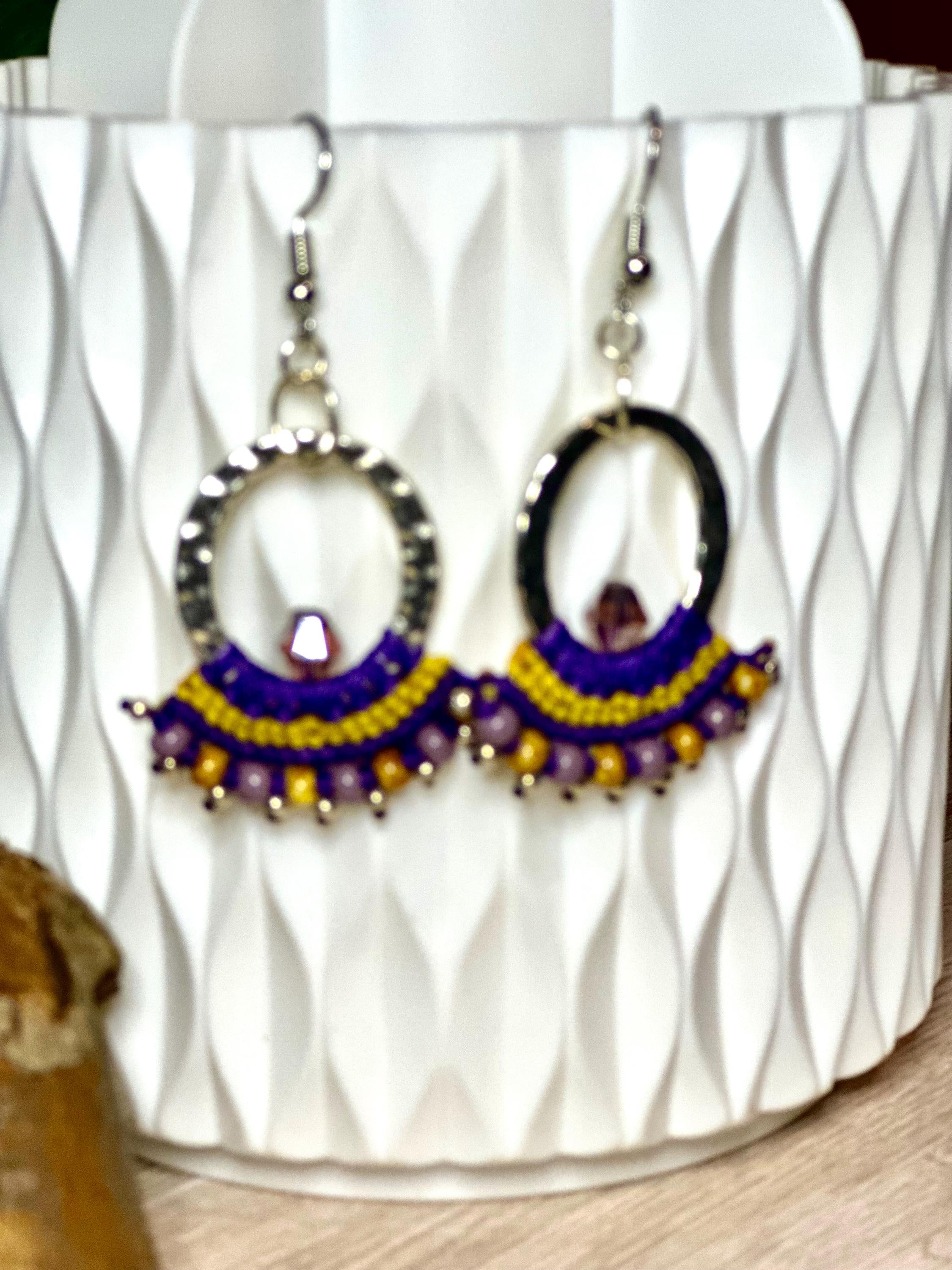 Macrame earrings with toho beads and platted rings