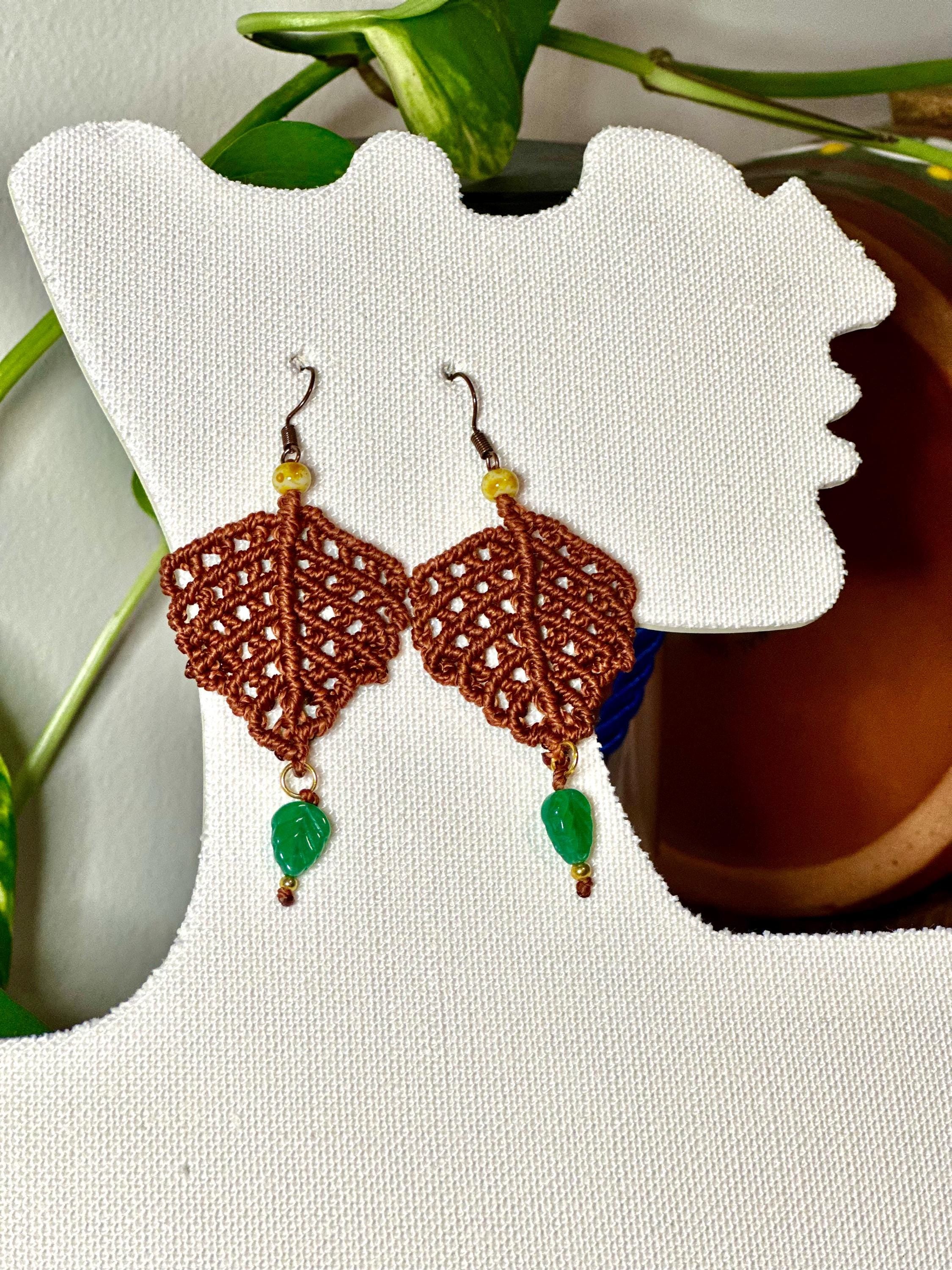 Macrame earrings, handmade earrings, leaves earrings.