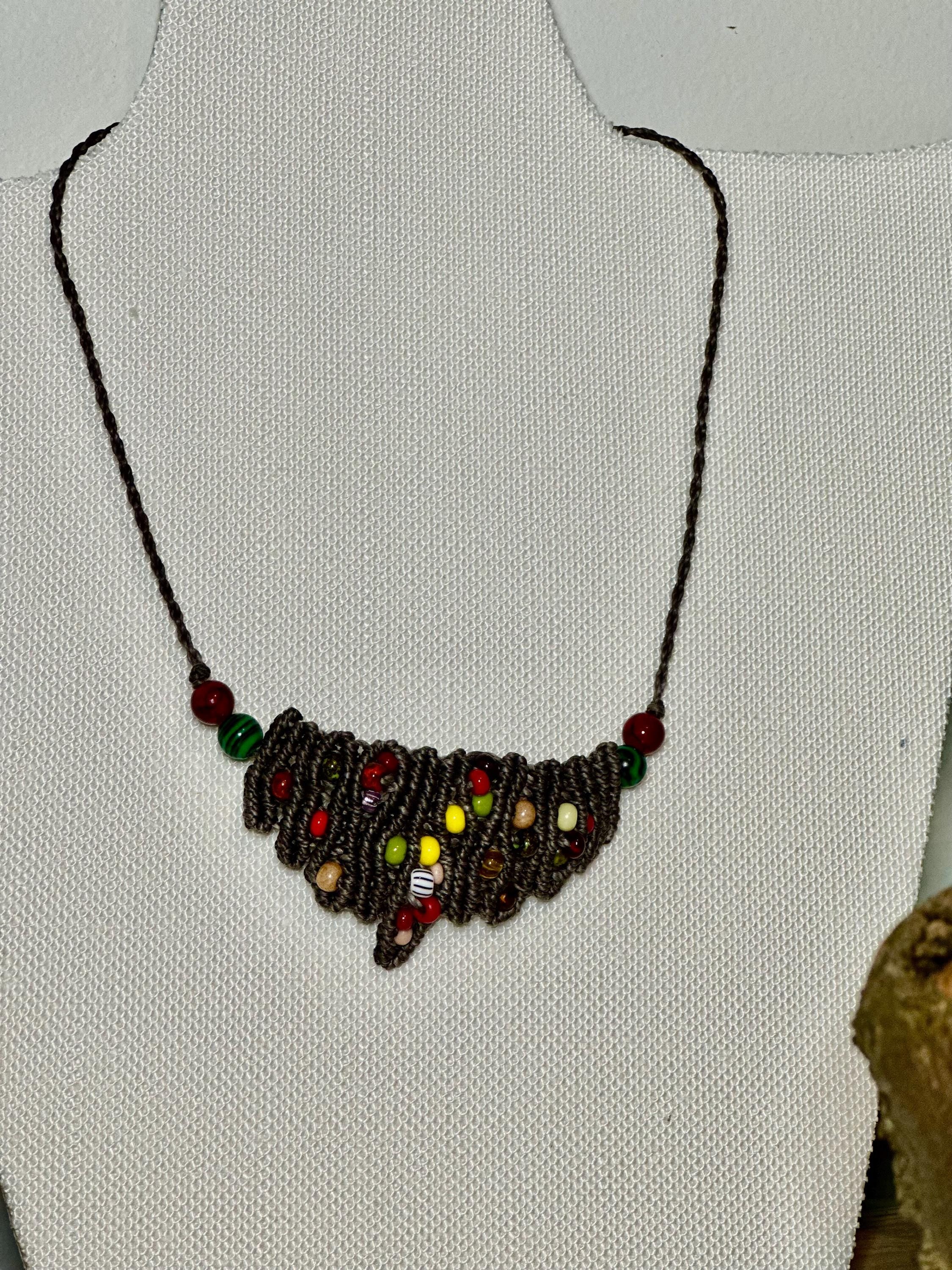 Handmade macrame beaded necklace, dark brown with boho seeds