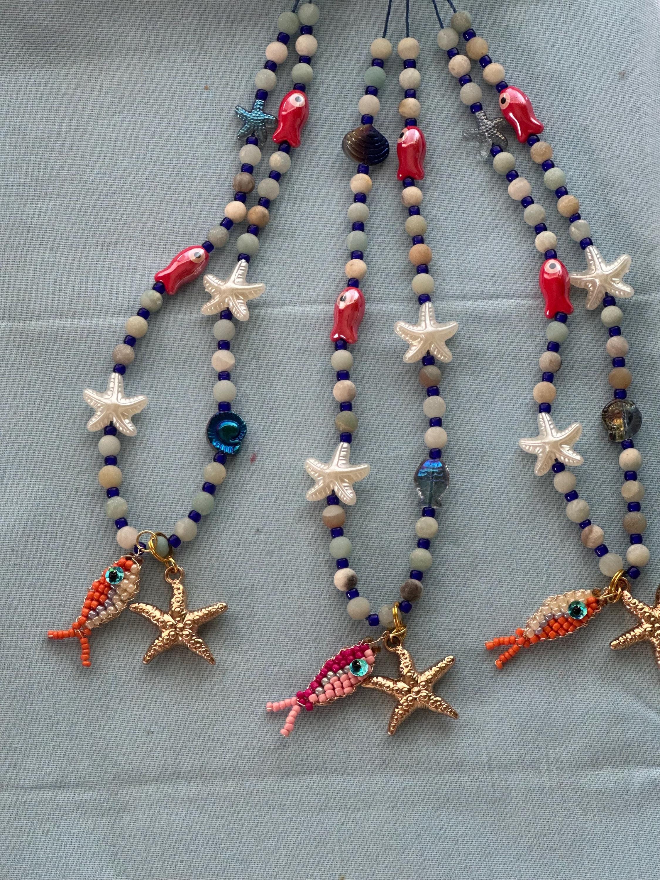 Handmade Summer Beach Style Starfish and Beaded Fish Necklace