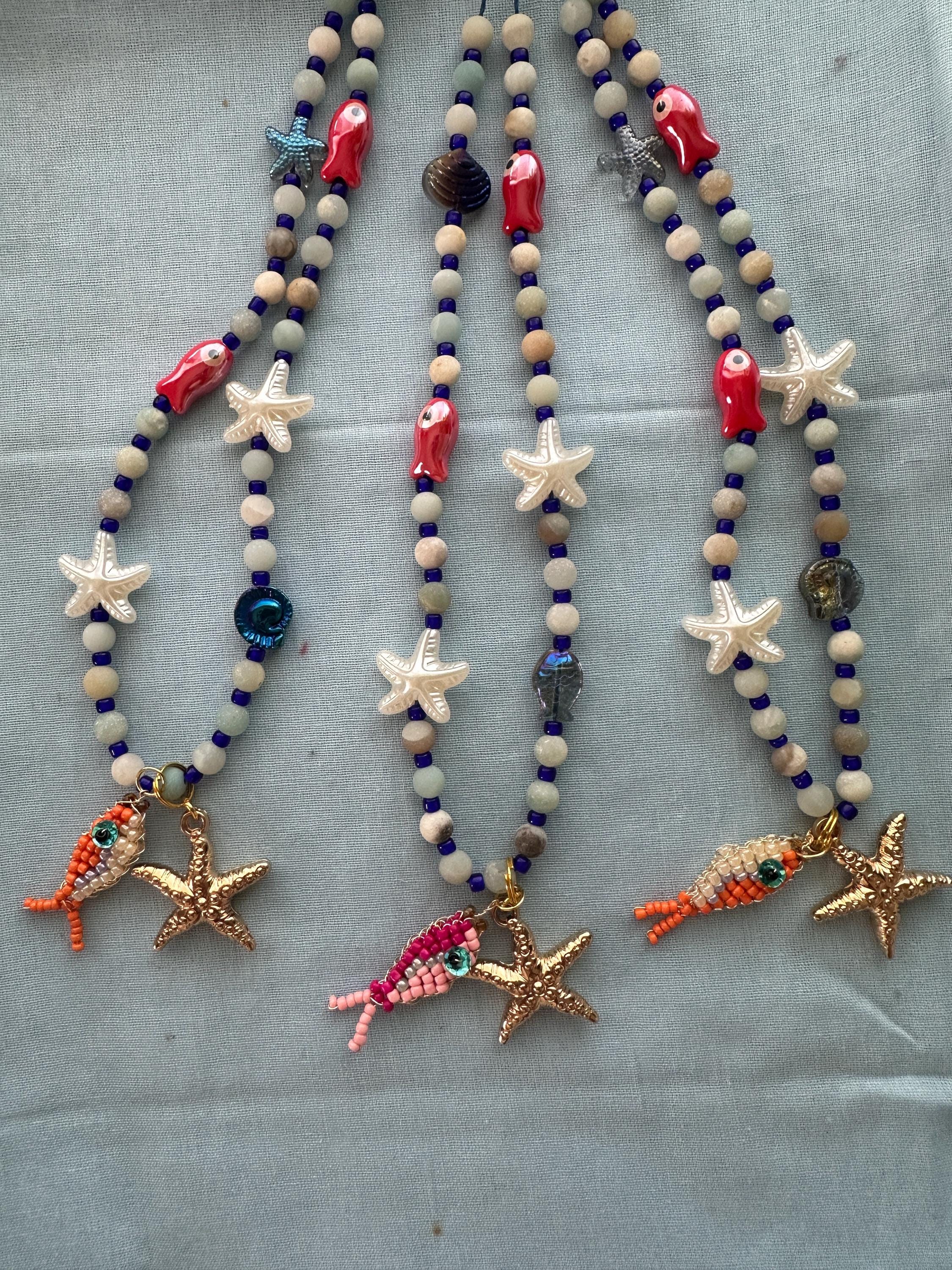 Handmade Summer Beach Style Starfish and Beaded Fish Necklace