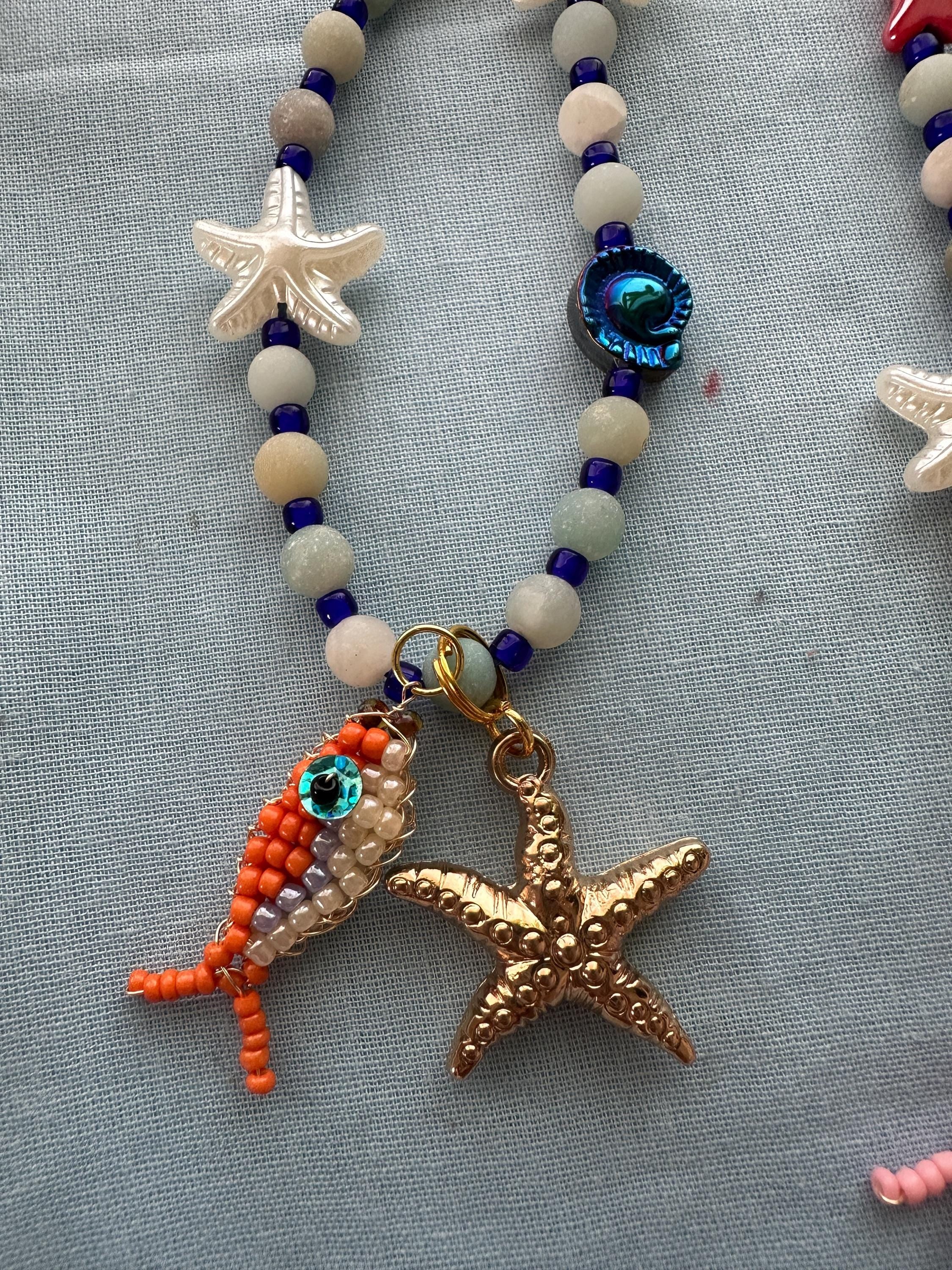 Handmade Summer Beach Style Starfish and Beaded Fish Necklace
