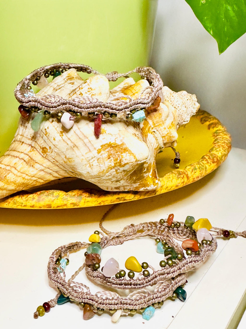 Ankle Beach Beaded Bracelet, Macrame, handmade.