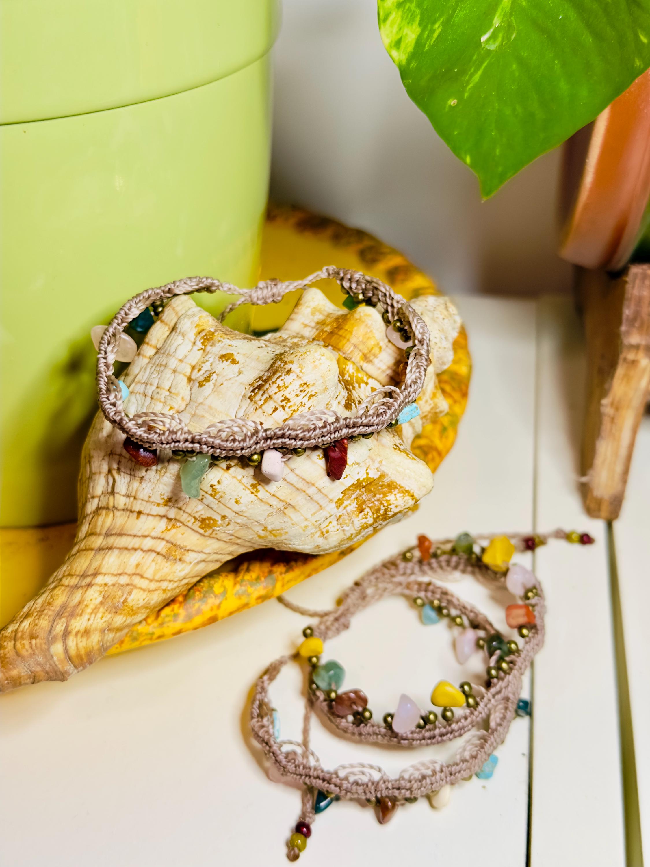 Ankle Beach Beaded Bracelet, Macrame, handmade.